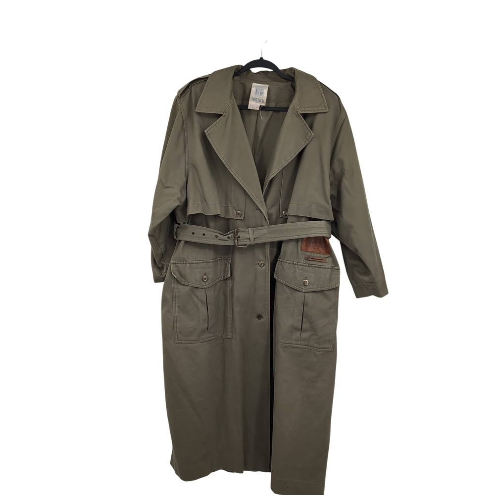 Together! Women Vintage Olive Green Cotton Belted Trench Coat Duster Long Jacket